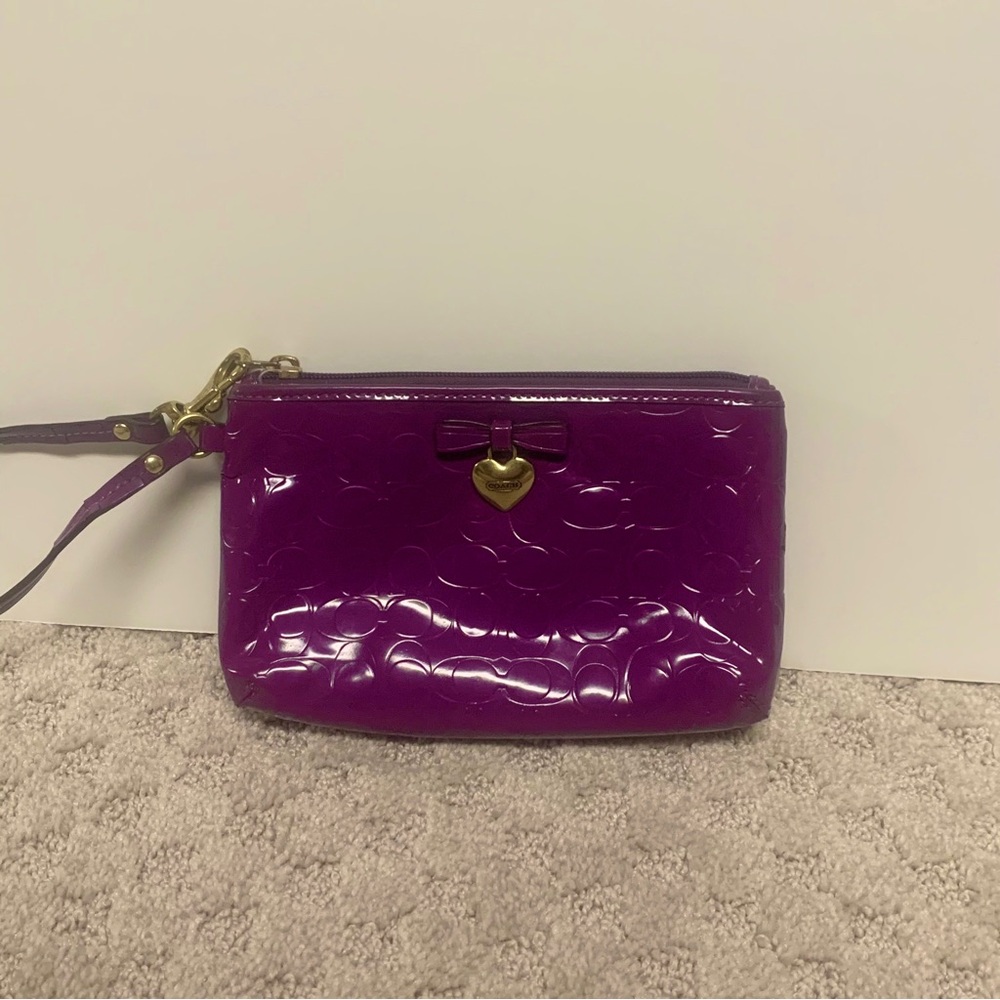 Coach Purple Heart Monogram Leather Wristlet